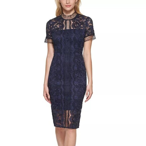 Eliza J Navy Lace Sheath Dress Size 12 – Elegant High Neck Midi Cocktail Dress - Picture 1 of 13